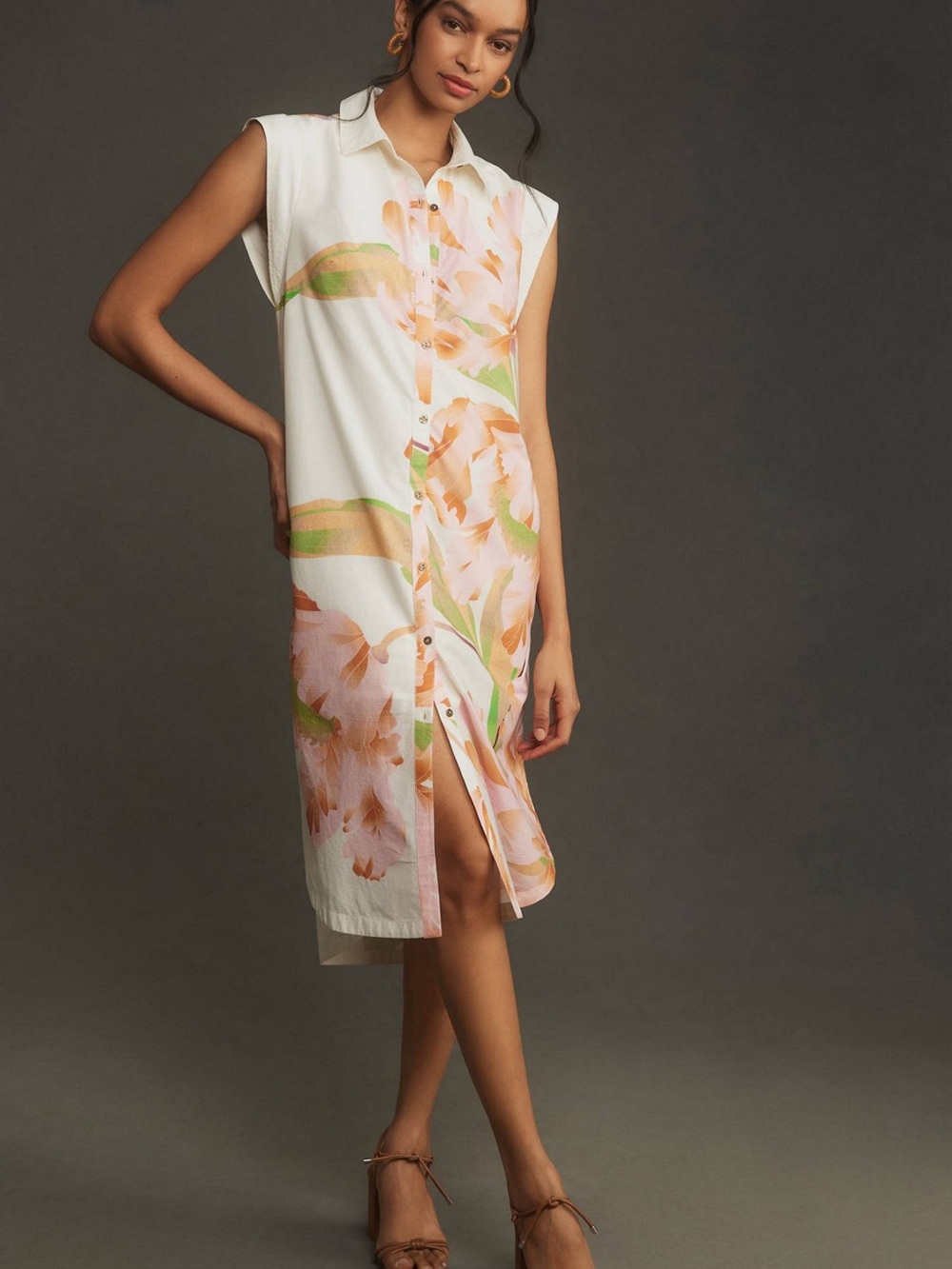 Maeve Cap-Sleeve Floral Button-Front Midi Dress
